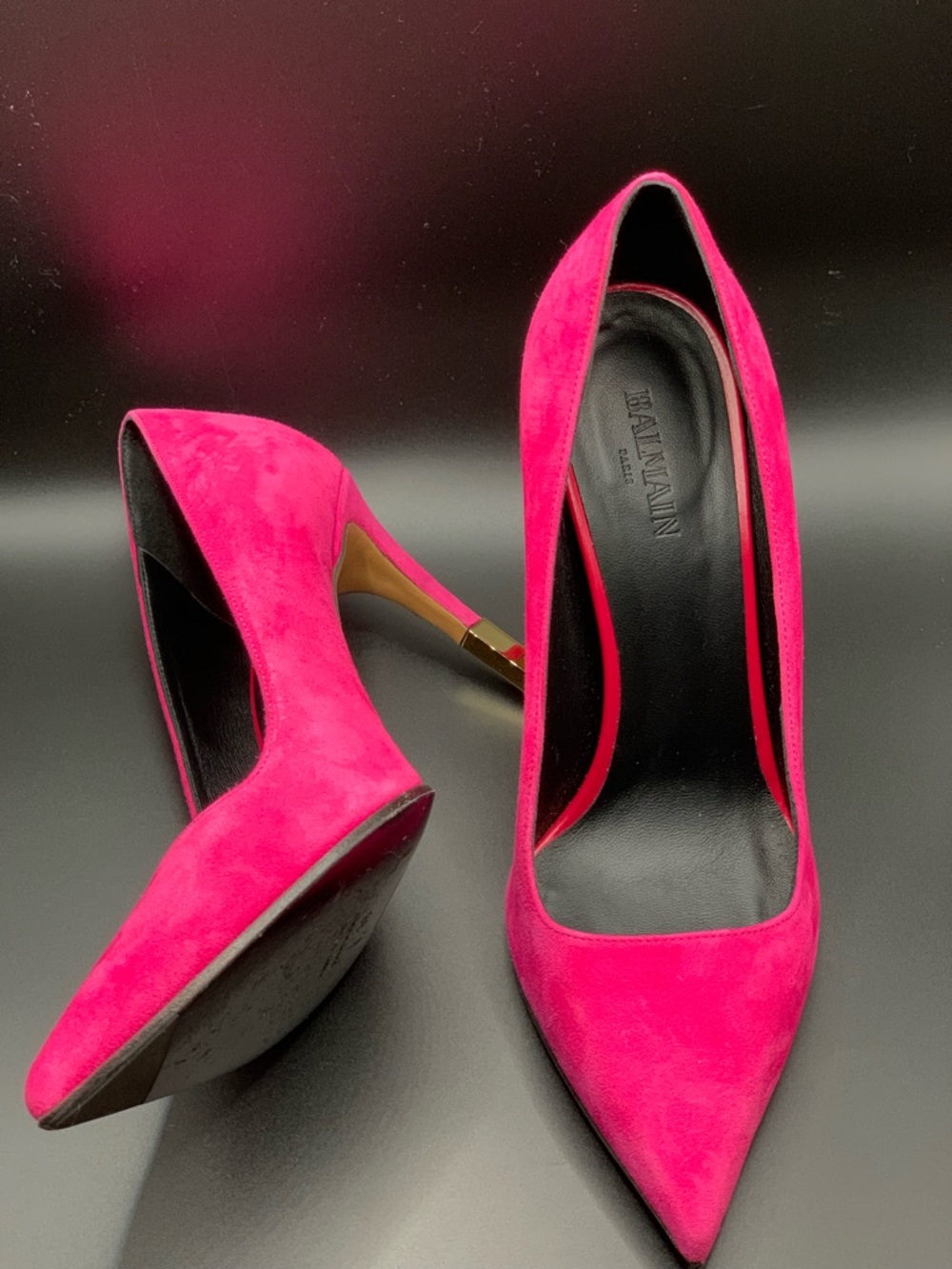 Balmain Pink Suede Pointed Toe Pumps Gold Heel Hardware EU 38 US 7.5